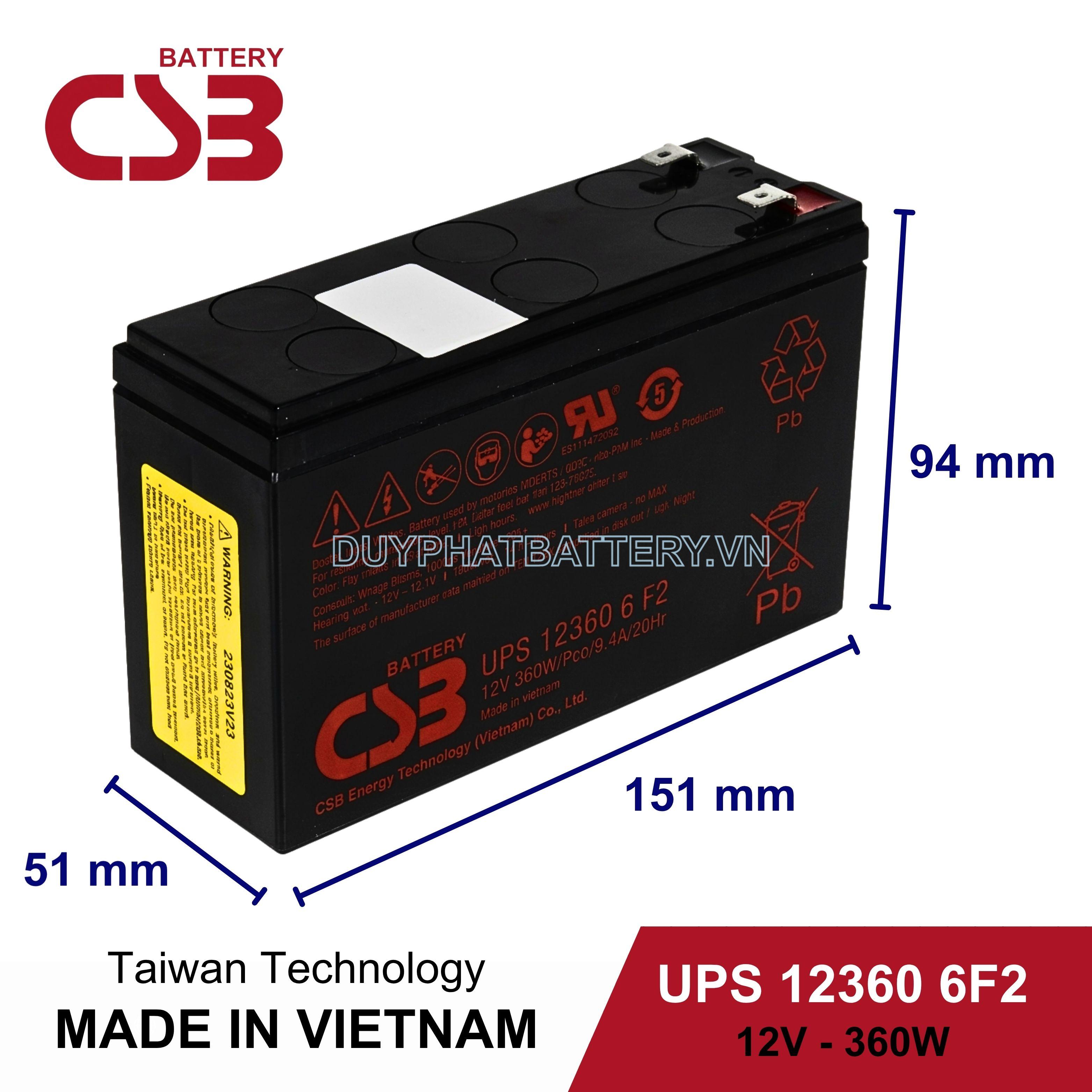 Bình Ắc Quy CSB UPS 12360 6F2, 12V 6Ah Cho UPS, Viễn Thông